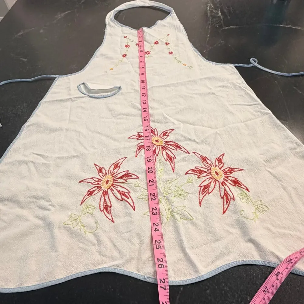 Vintage Handmade Embroidered Floral Apron White Cotton Cottagecore Farmhouse